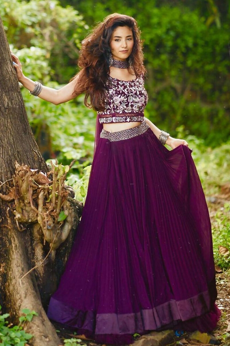 Jyoti Fashion Wine Crush Georgette Designer Lehenga Choli with Dupatta - Distacart