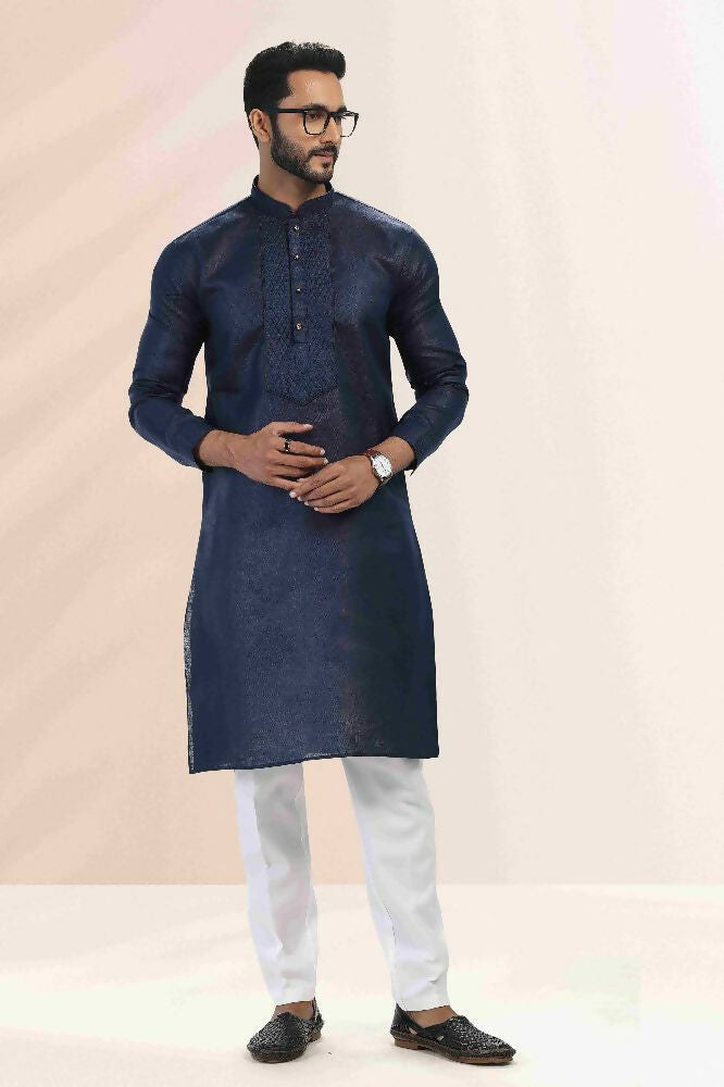 Raivat Ethnic Linen Cotton Pintux Work Kurta Pajama In Blue Colour - Dista