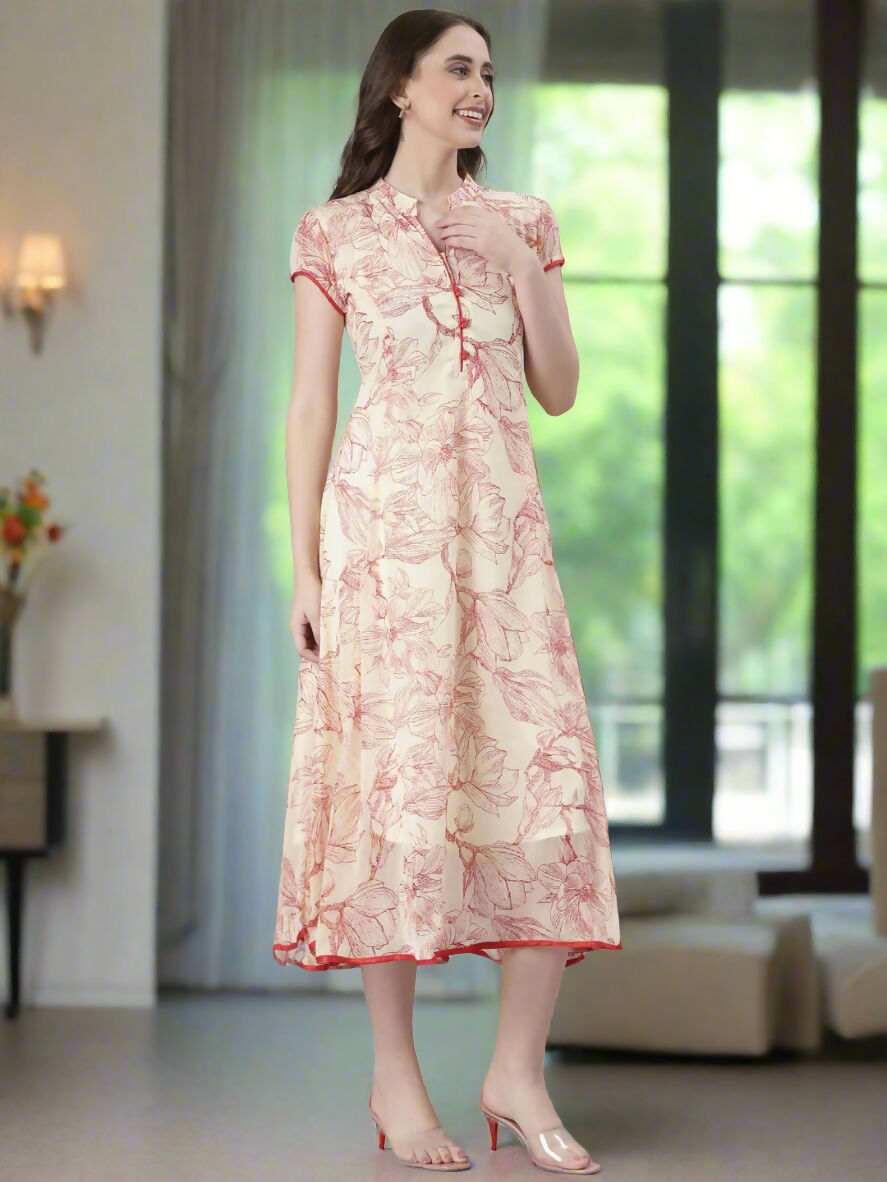 Souchii Floral Tiered Midi Dress For Women – Elegant Beige Button-Front A-Line