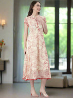 Thumbnail for Souchii Floral Tiered Midi Dress For Women – Elegant Beige Button-Front A-Line