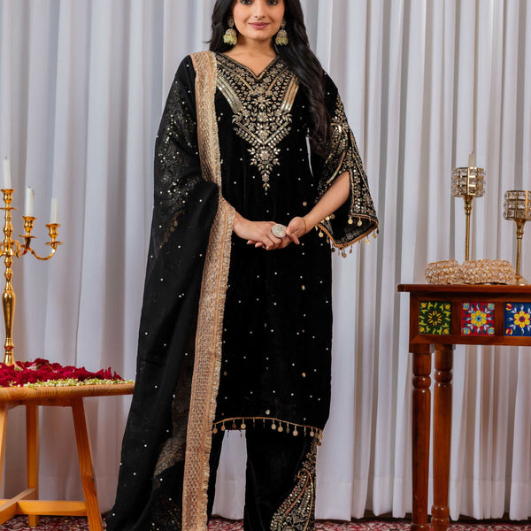 Teeya Creation Black Color Velvet Silk Embroidery Work Party Wear Suit