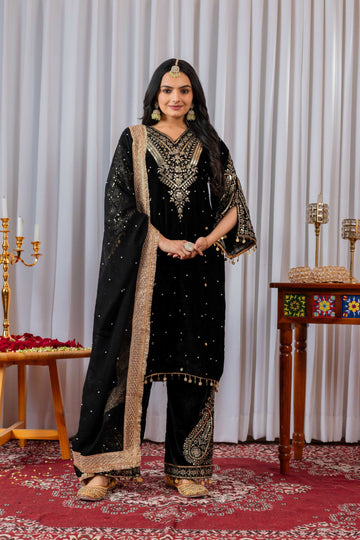 Teeya Creation Black Color Velvet Silk Embroidery Work Party Wear Suit - Distacart
