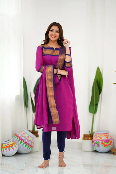 Divine Drape Women's Cotton Printed Straight Kurta With Dupatta - Pink