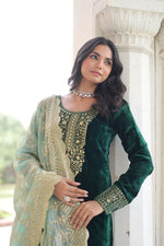 Thumbnail for Vastranavya Green Velvet With Rich Sequins & Zari Embroidered Work Top-Bottom With Dupatta - Distacart
