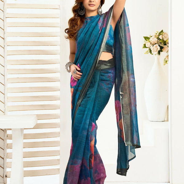 Vastranavya Teal Digital Printed Linen Ready To Wear Designer Saree with Unstitched Blouse - Distacart