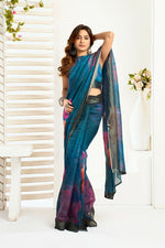 Thumbnail for Vastranavya Teal Digital Printed Linen Ready To Wear Designer Saree with Unstitched Blouse - Distacart