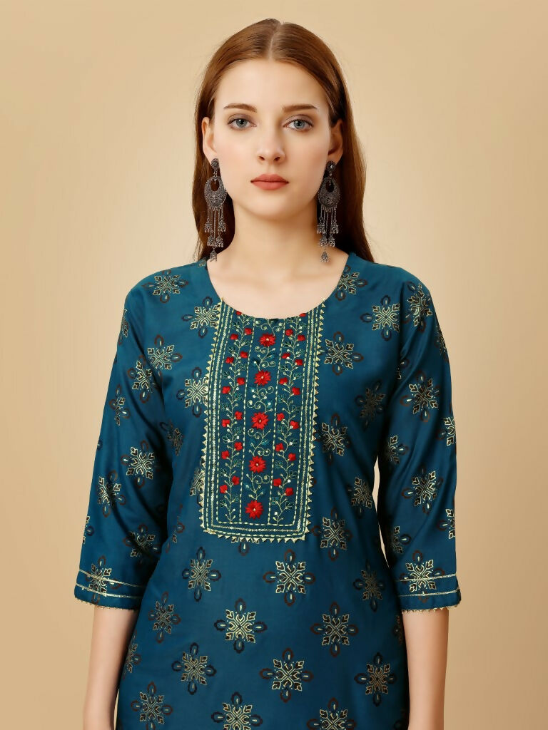 Jyoti Fashion Women's Navy Blue Viscose Rayon Embroidered Kurta Pant Set - Distacart