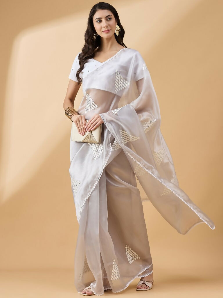 Grey Tissue Slub Embroidered Saree with Unstitched Blouse - Vairagi - Distacart