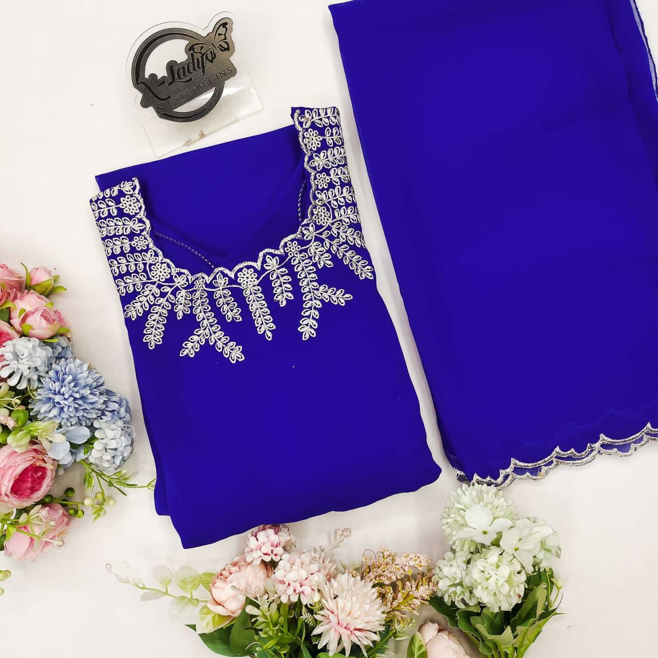 Preksha Creation Women Blue Georgette Anarkali Gown With Work Dupatta With Lace - Blue - Distacart