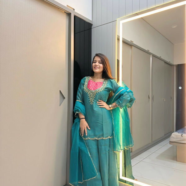 Anaita Sky-Blue Roman Shimmer Readymade Kurti Set with Handwork & Moti Work - Distacart