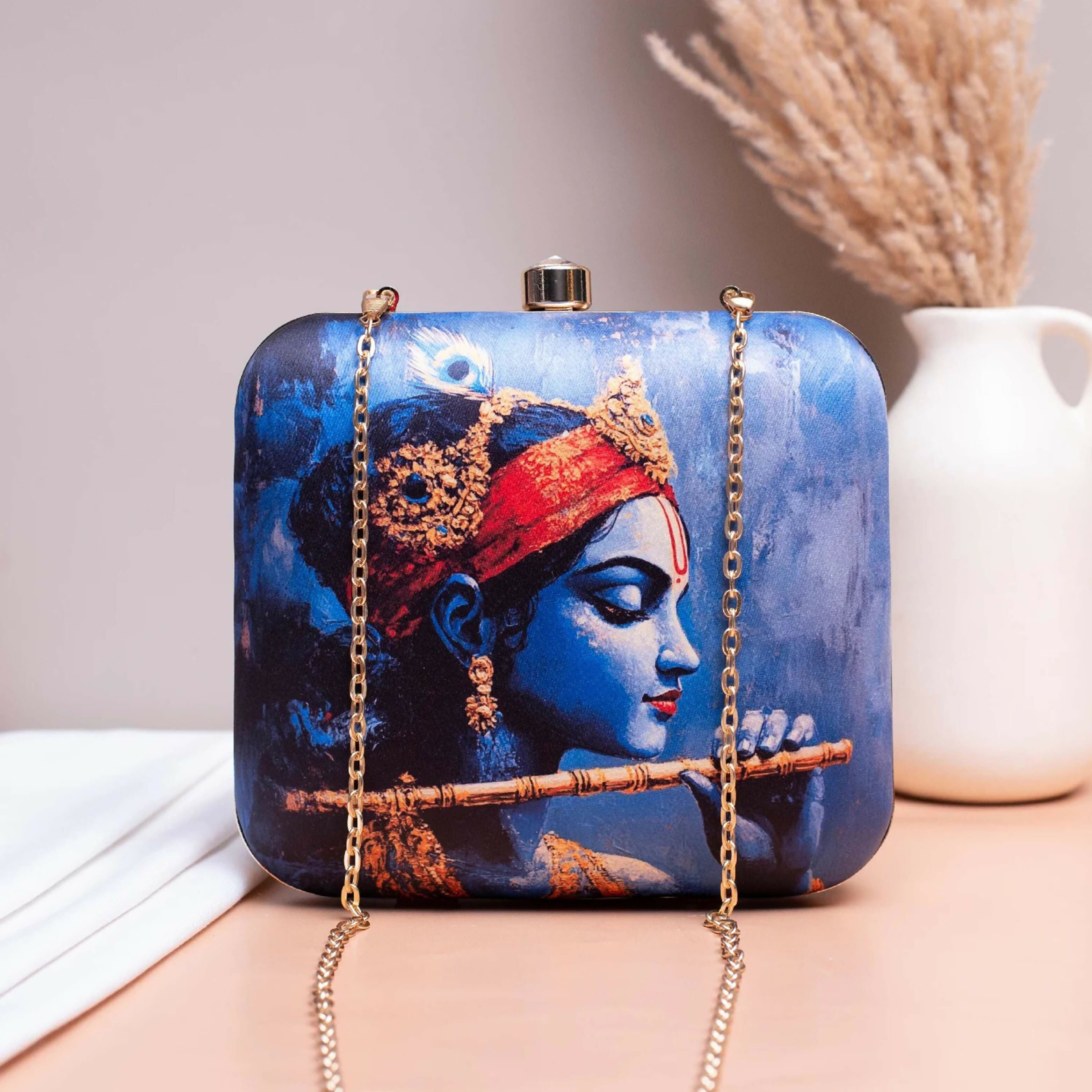 Joban Fashion Blue Based Majestic Krishna Printed Clutch - Blue