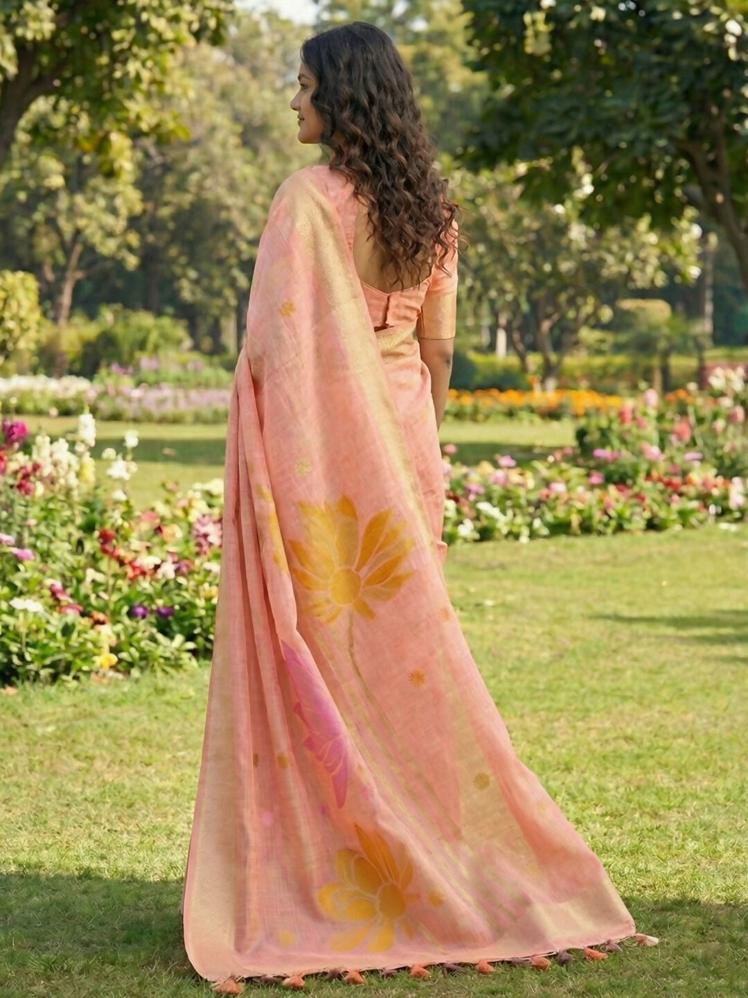 Shree Shyam Fashion Peach Linen Cotton Saree - Distacart
