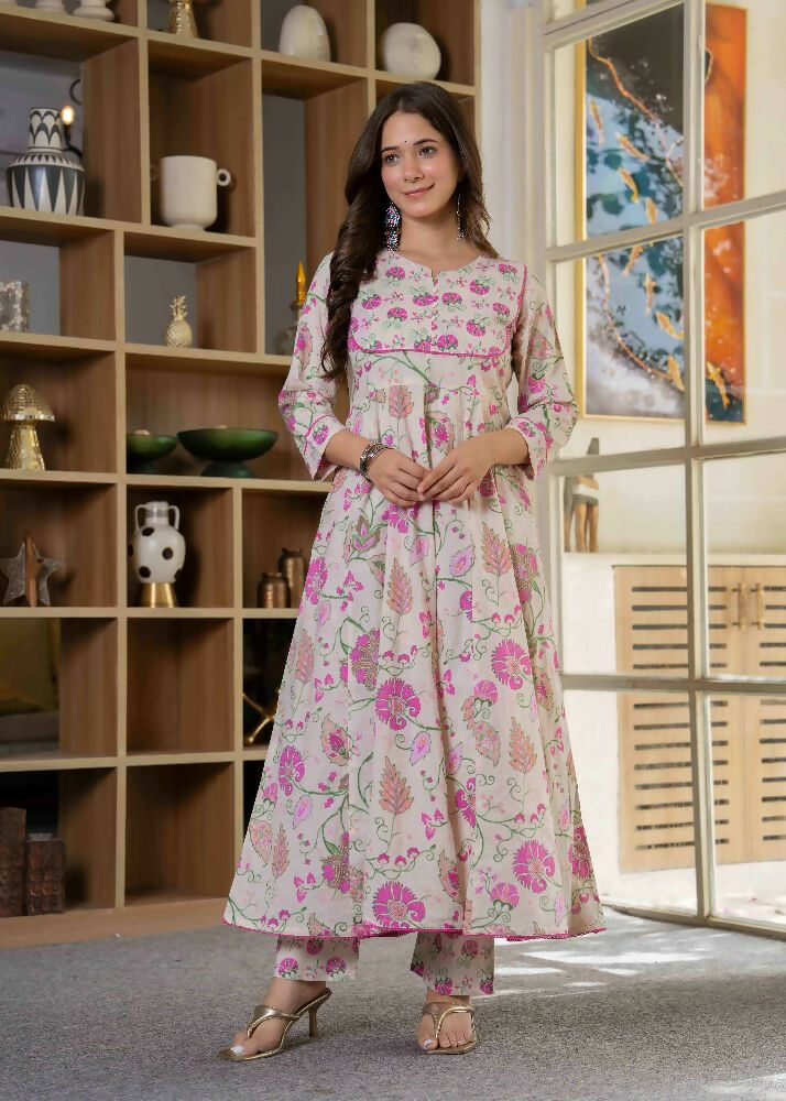 Jaimini Women Cotton Printed Round Neck 3/4 Sleeves Calf Length Flared Kurta Pant And Dupatta Set - Dista