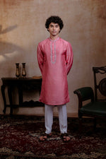 Thumbnail for Falling Raw Silk Pink Prism Motif Kurta Set By Hilo Design