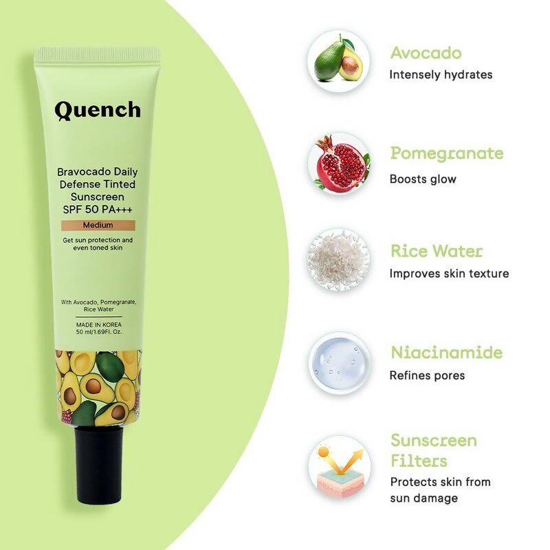 Quench Vitamin E Tinted SPF 50 Sunscreen PA+++ with both Mineral & Chemical Actives (Medium) - Distacart