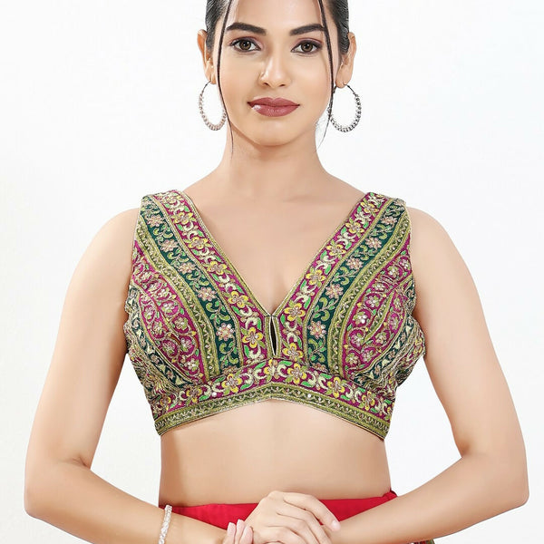 Joban Fashion Green Multi Georgette Padded Blouse With V Neck Sleeveless - Distacart