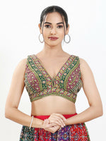 Thumbnail for Joban Fashion Green Multi Georgette Padded Blouse With V Neck Sleeveless - Distacart