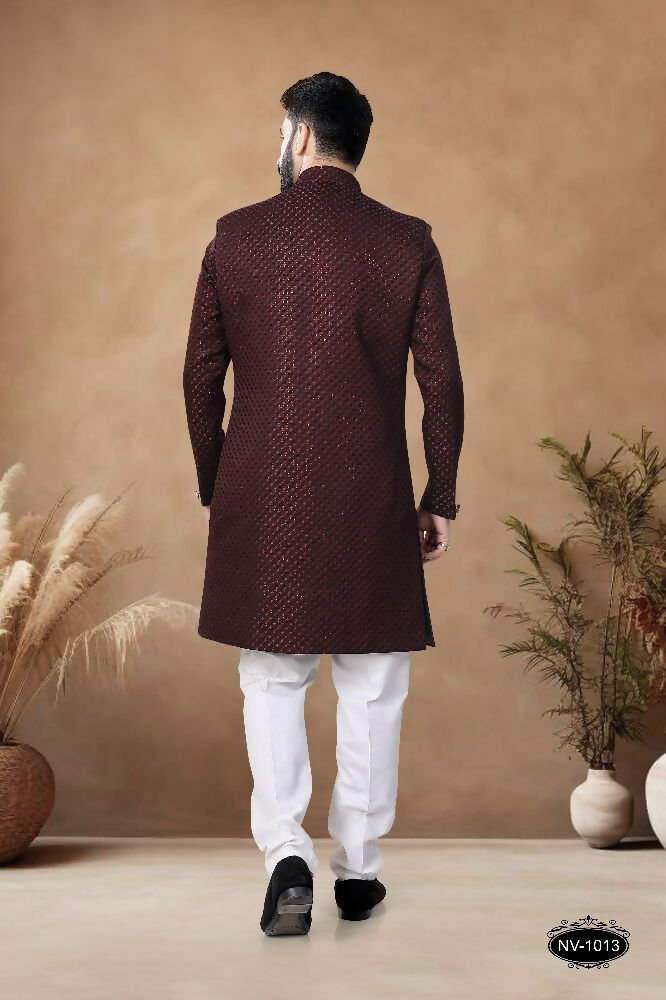 Joban Fashion Men's Maroon Straight Silk Thread & Sequence Embroidery All Over Indo-Western Kurta Set - Distacart
