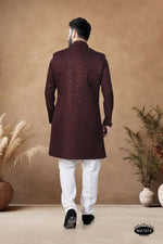 Thumbnail for Joban Fashion Men's Maroon Straight Silk Thread & Sequence Embroidery All Over Indo-Western Kurta Set - Distacart