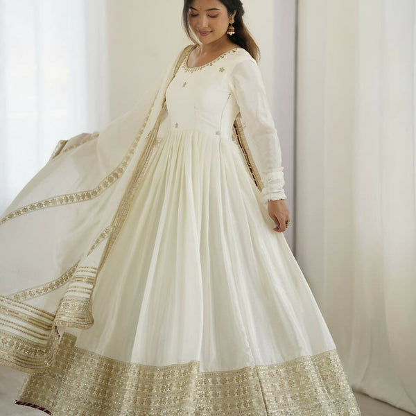 Teeya Creation White Chinon Silk Gown