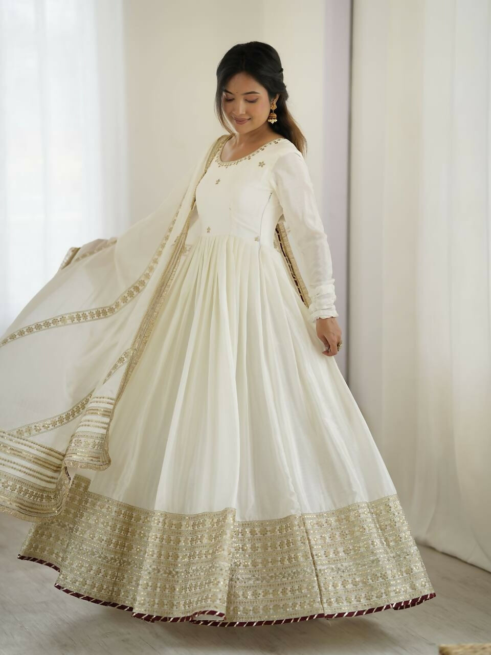Teeya Creation White Chinon Silk Gown - Distacart