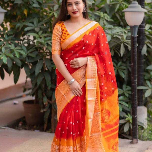 Red Jute Silk Ethnic Motifs Saree with Unstitched Blouse - A2M - Distacart