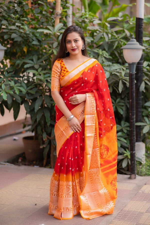 Red Jute Silk Ethnic Motifs Saree with Unstitched Blouse - Hiral Fashion - Distacart