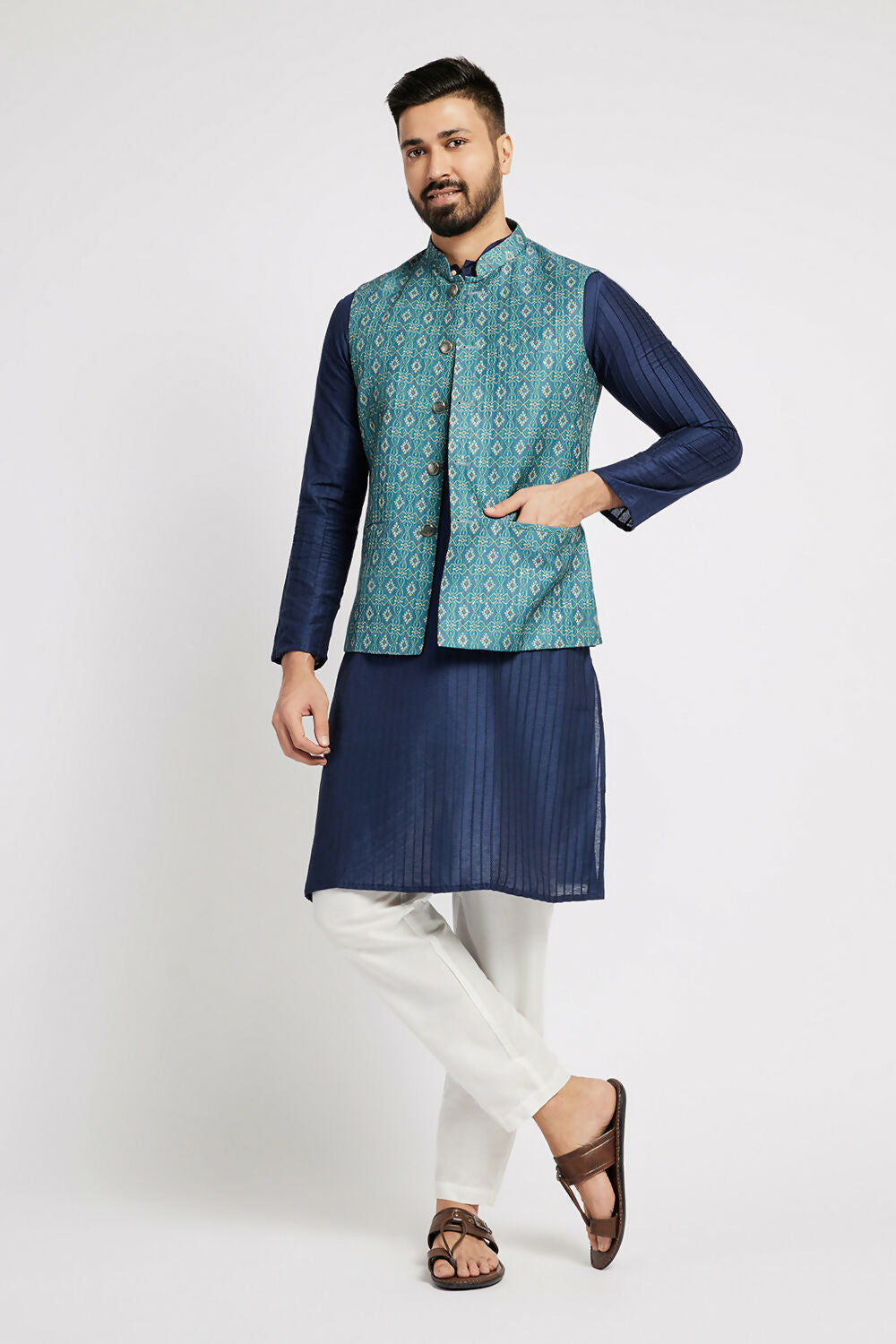 Ethnic India Indigo Blue Bundi Men's Jacket Geometric Polyester - Distacart