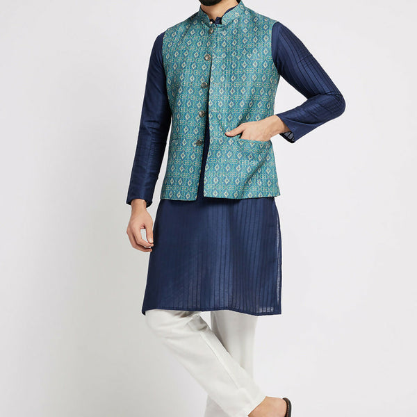 Ethnic India Indigo Blue Bundi Men's Jacket Geometric Polyester - Distacart