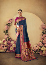 Thumbnail for Vishnu Weaves Women's Navy-Blue Paithani Silk Saree with Blouse - Distacart