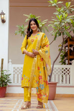 Thumbnail for The52 Yellow Women's Gorgeous Embroidered work Viscose Gadhwal Fabric Straight Kurta, Pant and Dupatta Set - Distacart