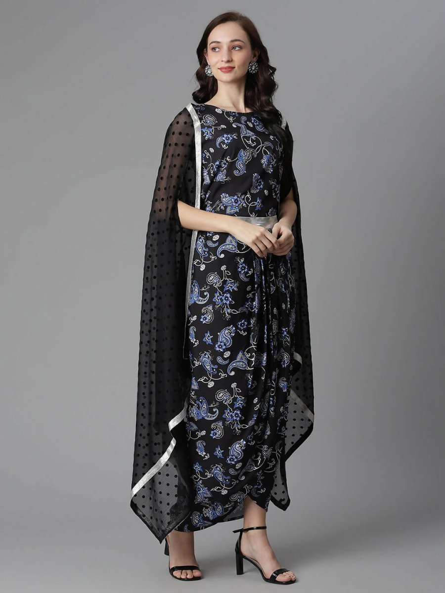 Ahalyaa Women's Black Color Crepe Digital Print Top Skirt With Shrug - Distacart