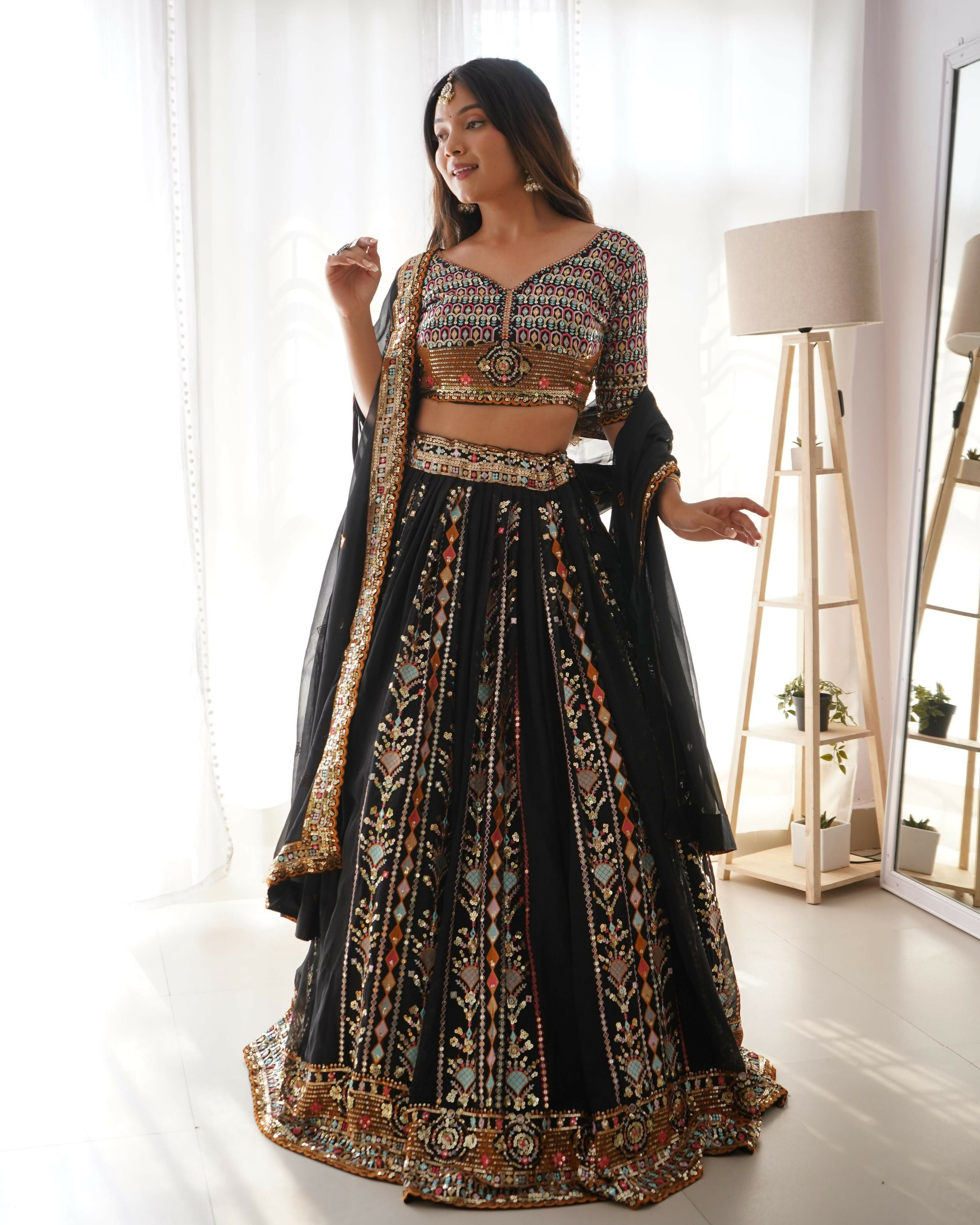 Joban Fashion Black Lehenga Georgette Coding Dori with Sequence with Rivet Moti