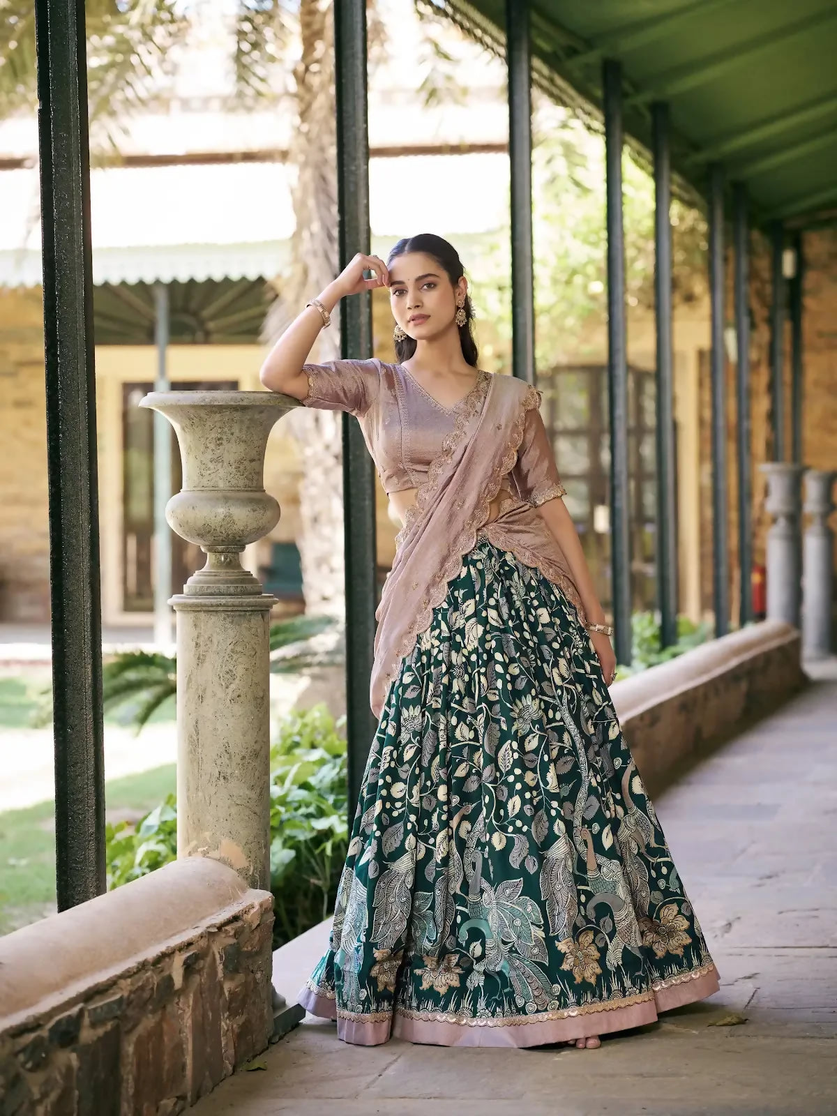Looknbook Art Printed Tussar Silk Lehenga Choli with Intricate Lace Work-Green