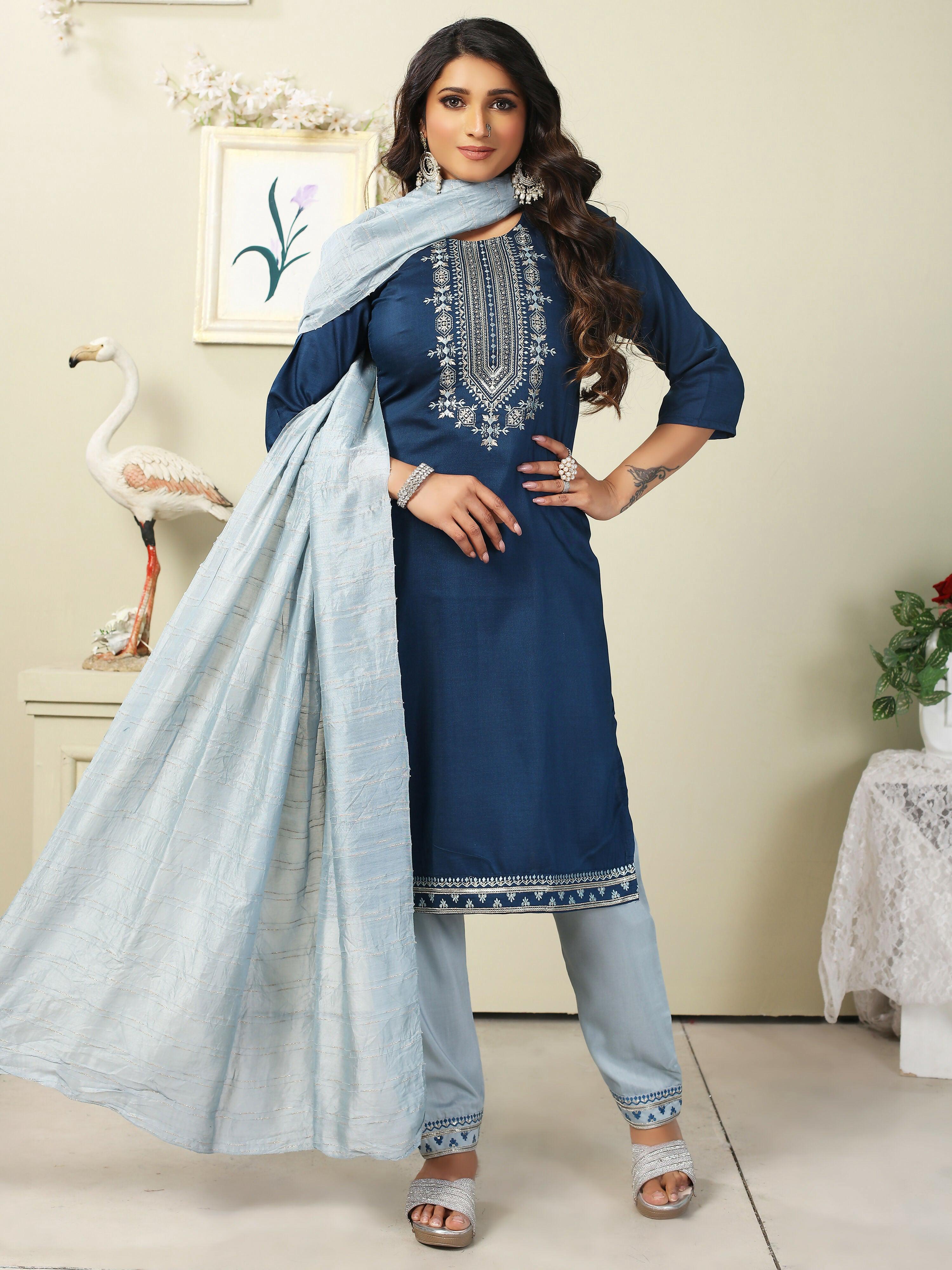 Vamika Chinon Embroidery Blue Party Wear/Casual Wear/Office Wear Kurta Set/Suit - Distacart