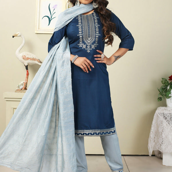 Vamika Chinon Embroidery Blue Party Wear/Casual Wear/Office Wear Kurta Set/Suit - Distacart