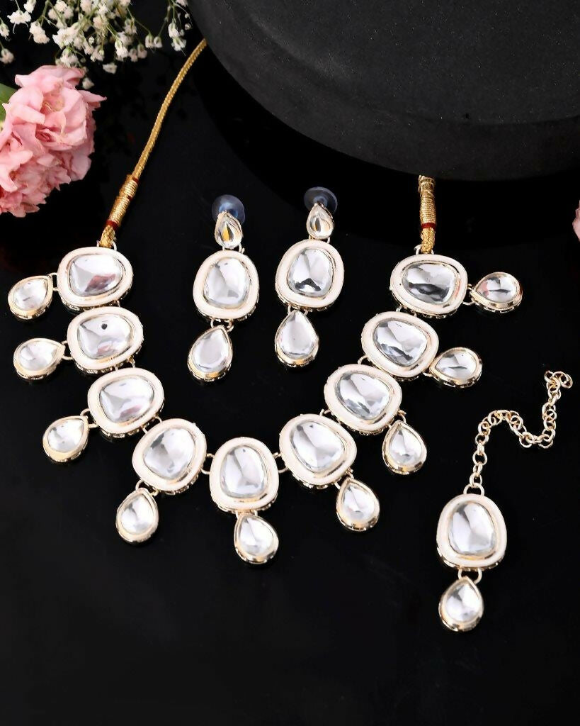 VOJ Kundan Studded Silver Plated White Color Jewellery Set with MaangTikka - Distacart