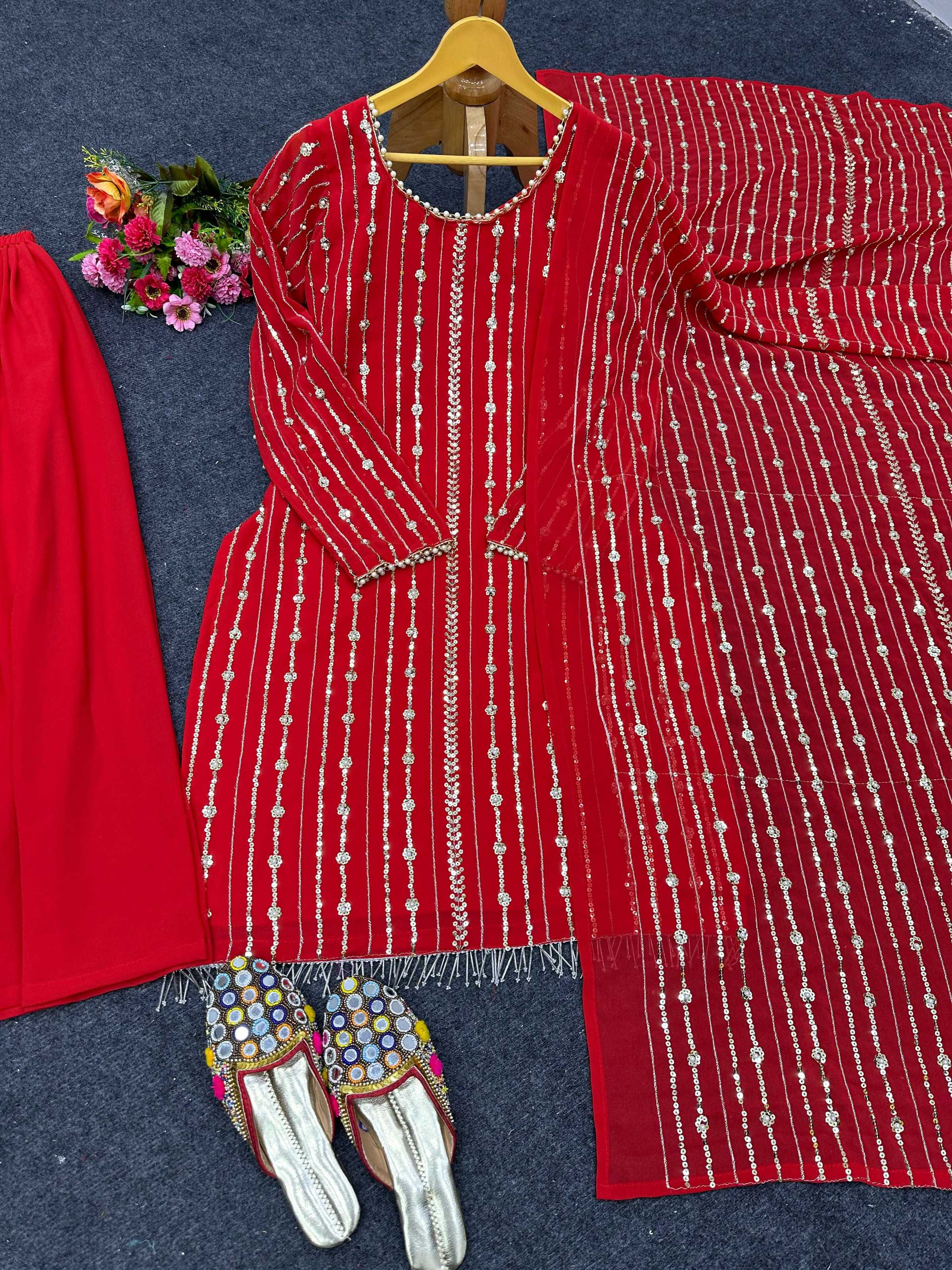 Preksha Creation Designer Suit on Heavy Faux Georgette Fabric With Thread & Sequence With Pearl Work with Palazzo and Dupatta - Red - Distacart