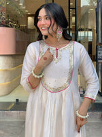 Thumbnail for The52 White Women's Gorgeous Embroidered Work Chanderi Fabric Flared Kurta Pant and Dupatta Set - Distacart