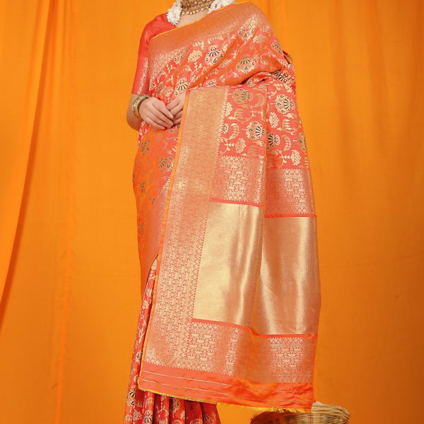Jyoti Fashion Women's Orange Kanjivaram Silk Zari Woven Saree with Blouse - Distacart