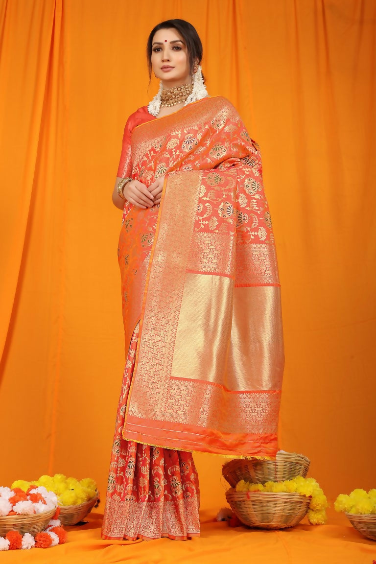 Jyoti Fashion Women's Orange Kanjivaram Silk Zari Woven Saree with Blouse - Distacart