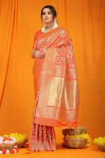 Thumbnail for Jyoti Fashion Women's Orange Kanjivaram Silk Zari Woven Saree with Blouse - Distacart