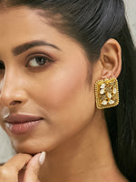 Thumbnail for Nuyug 22K Gold-Plated Kundan & Filigree Concept Rectangular Leafy Studs