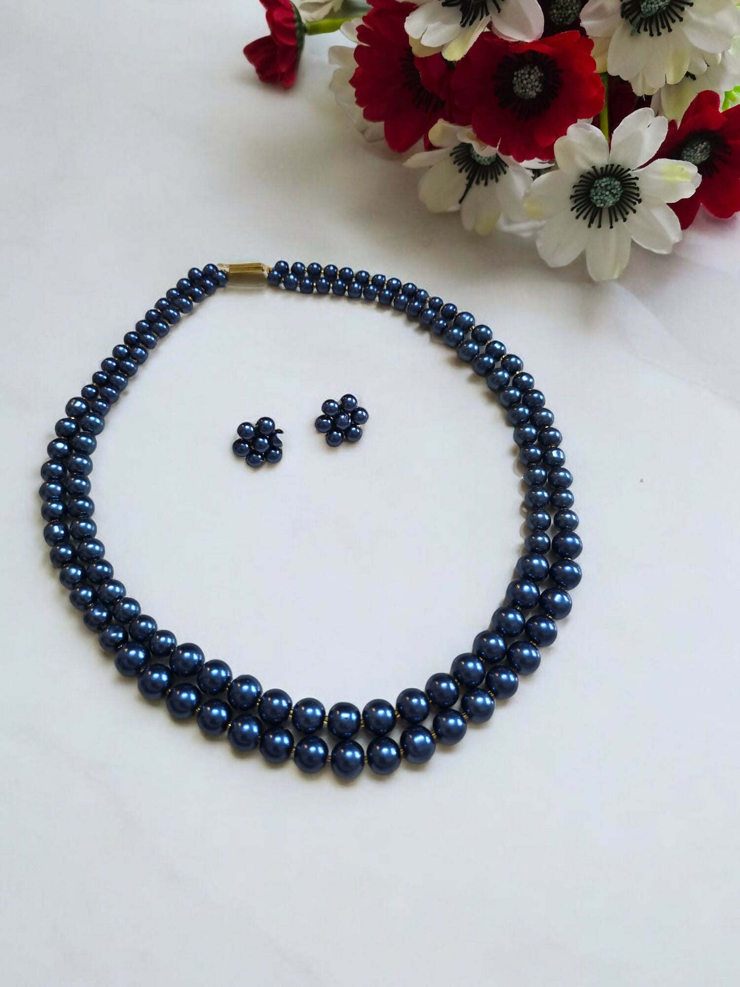 Inhanns Everyday Workwear Pearl Set (Double Layered Pearls) - Blue - Distacart