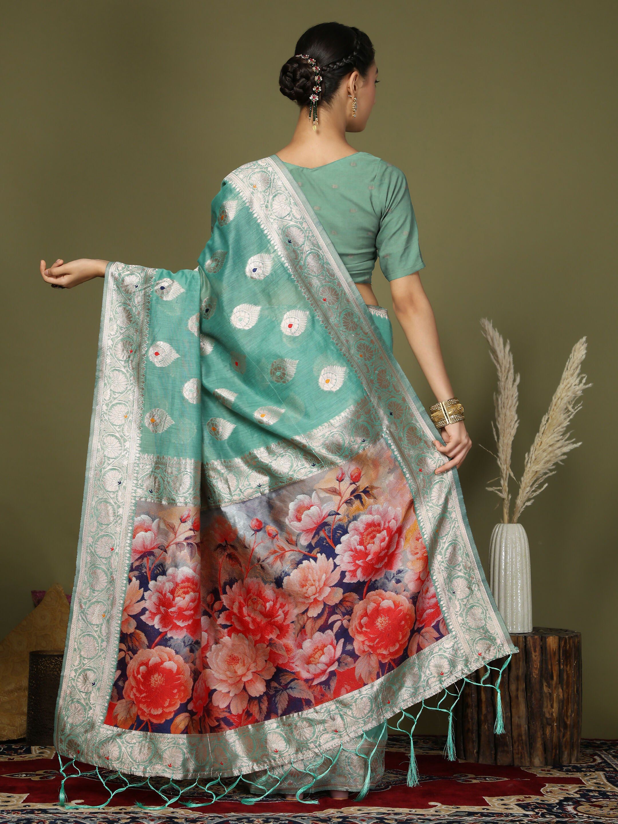 Astita Linen Cotton Rama Green Saree