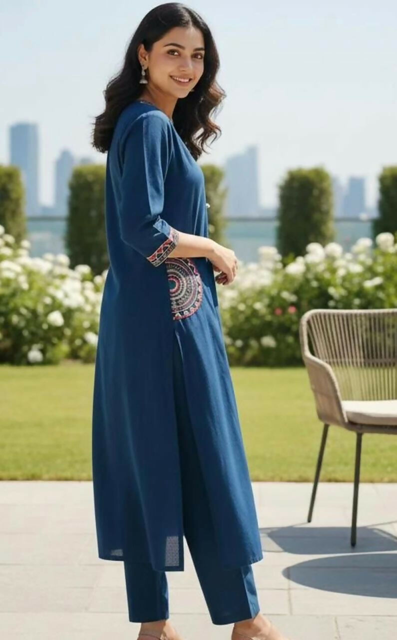Miravan Womens Blue Straight Kurta With Palazzo Set - Dista