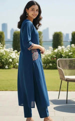 Thumbnail for Miravan Womens Blue Straight Kurta With Palazzo Set - Dista