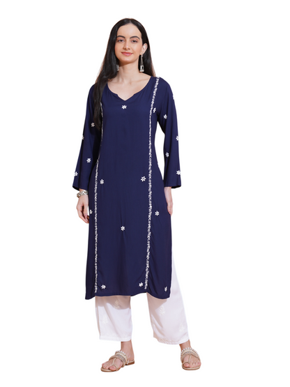 Pahnaz Luxury Rayon Chikankari Long Kurti-Blue - Dista