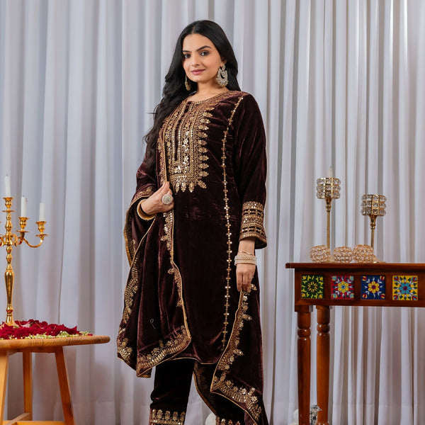 Joban Fashion Wine Velvet Sequence Embroidery Work Kurta Set - Distacart