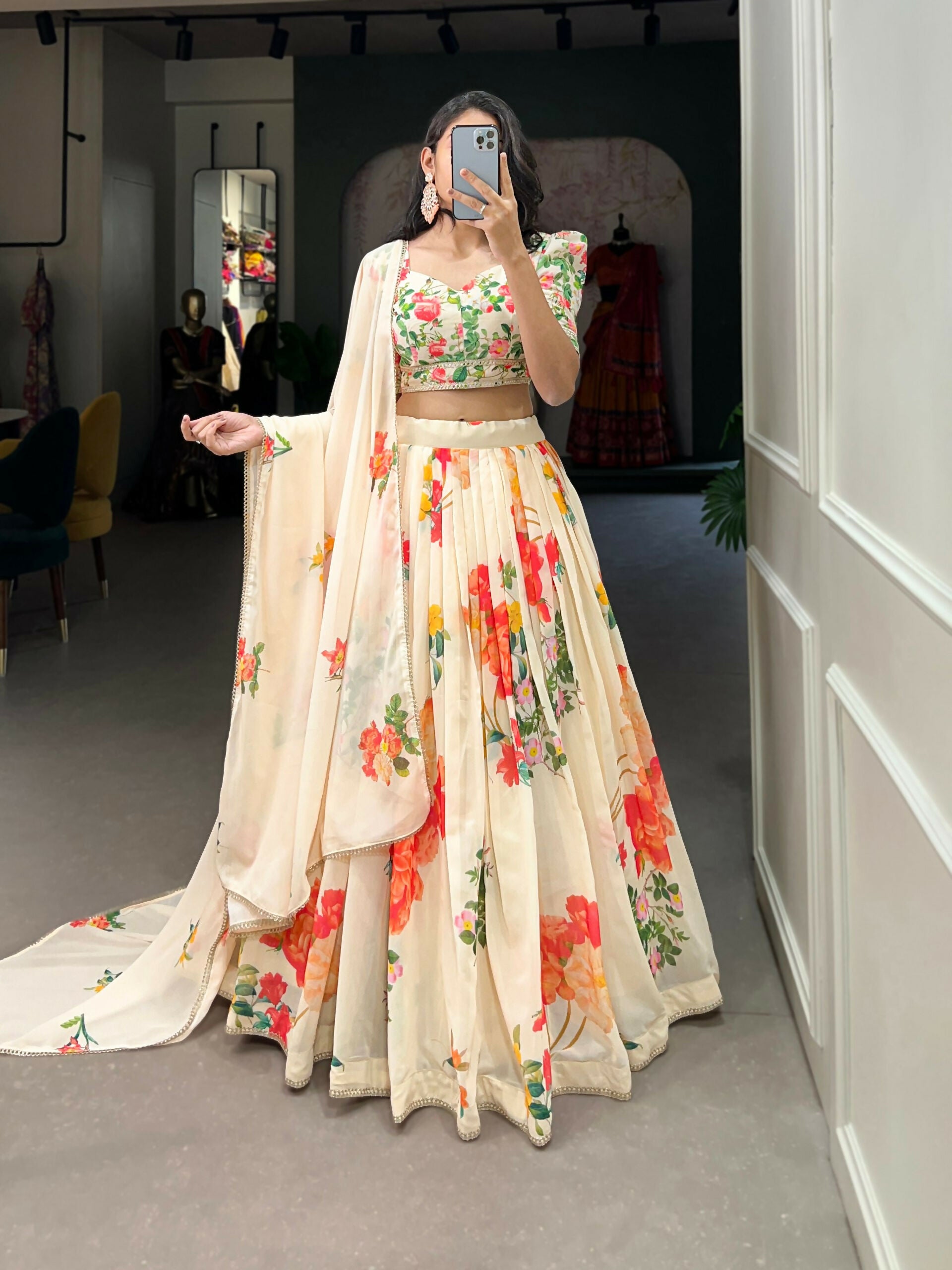 Vastranavya Floral Printed Georgette Lehenga Set With Thread Work Unstitched Choli - Cream - Distacart